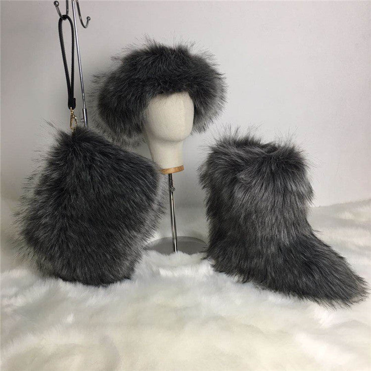 Faux Fur Headband/Boots/Bag Set 3pcs