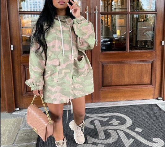 Camouflage Pocket Hooded Drawstring Dress