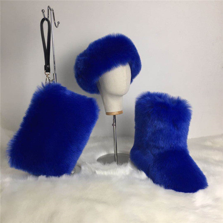 Faux Fur Headband/Boots/Bag Set 3pcs