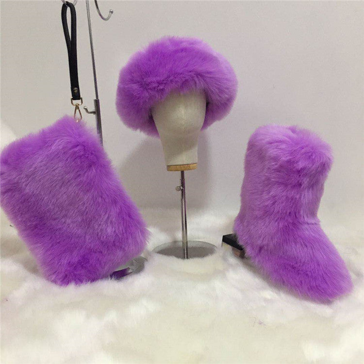 Faux Fur Headband/Boots/Bag Set 3pcs