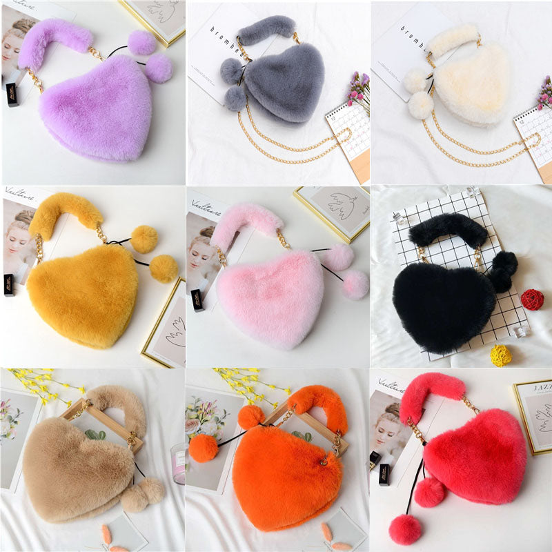 Solid Color Fluffy Soft Fur Cute Heart Bag