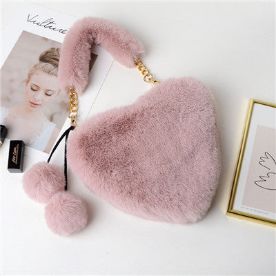 Solid Color Fluffy Soft Fur Cute Heart Bag