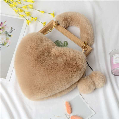 Solid Color Fluffy Soft Fur Cute Heart Bag