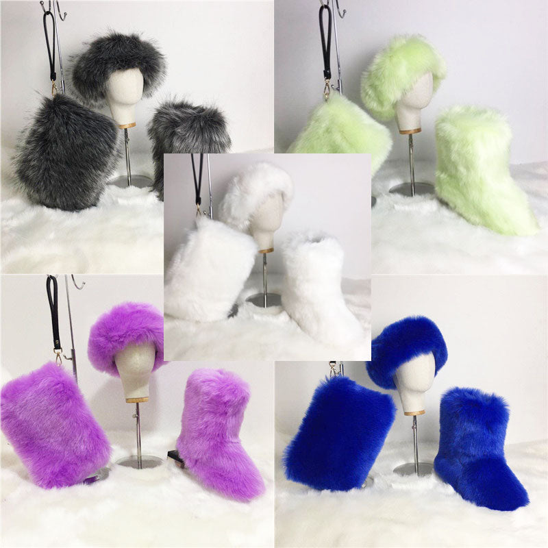 Faux Fur Headband/Boots/Bag Set 3pcs