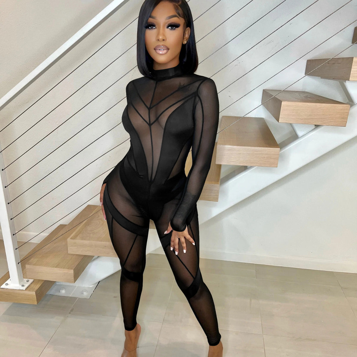 Mid Neck Perspective Mesh Stitched Jumpsuit