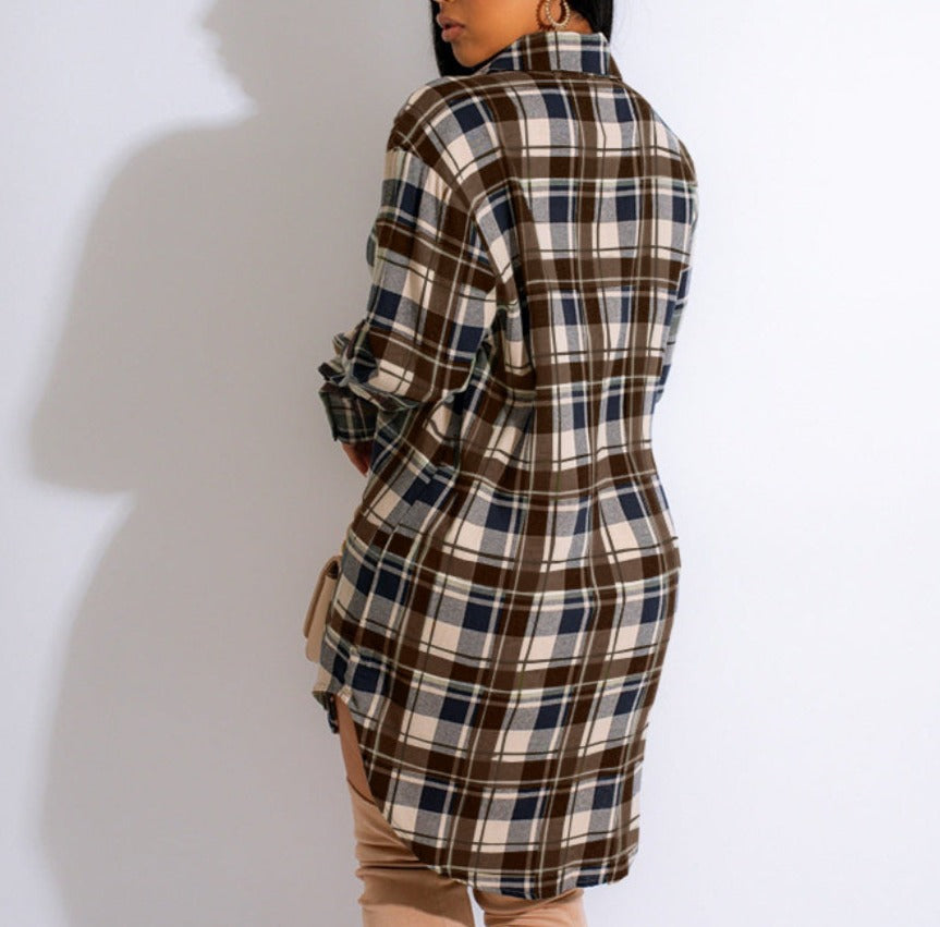 Comfortable Cotton Plaid Coat Shirt Dress