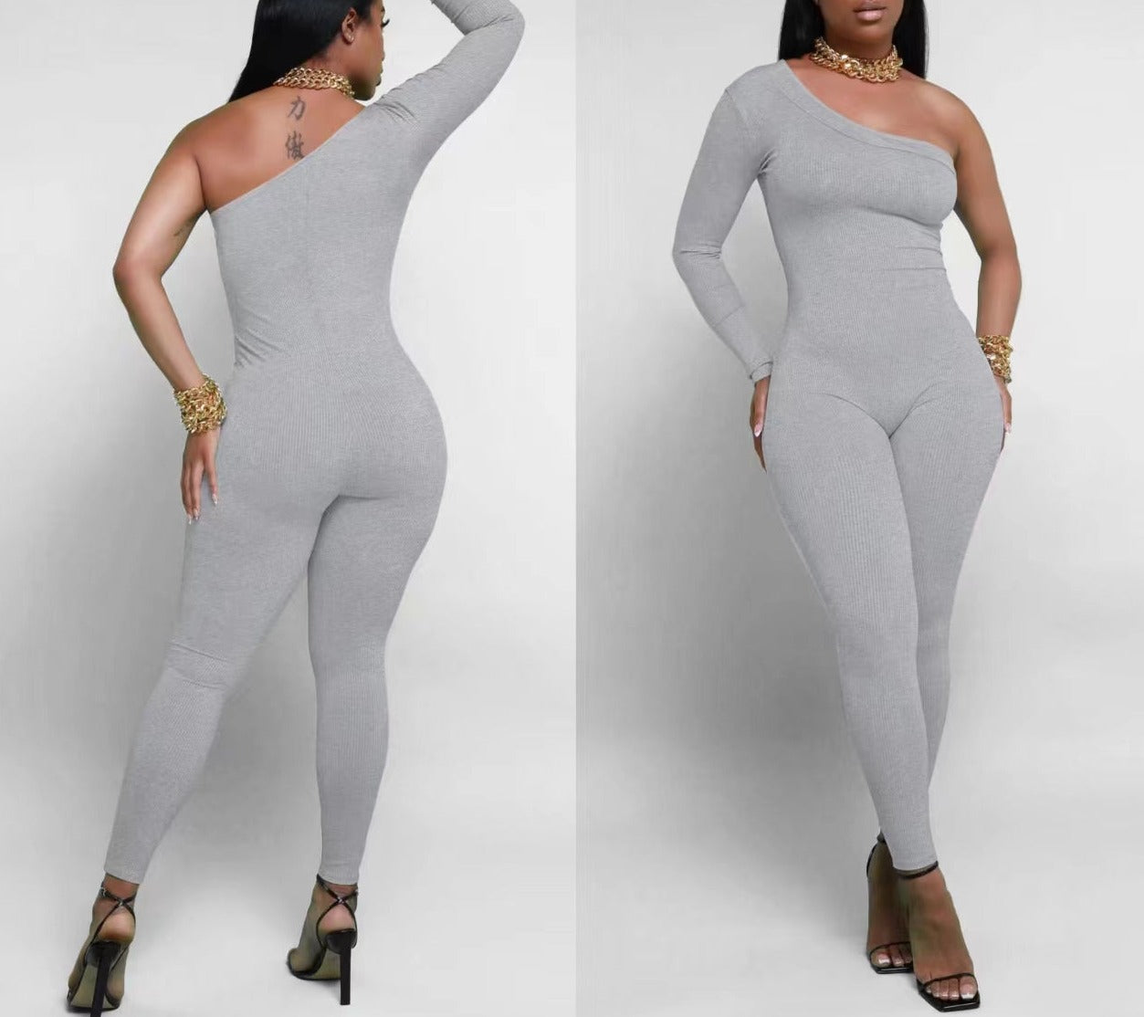 Pit Striped Oblique Shoulder Slim Fit Solid Color Jumpsuit