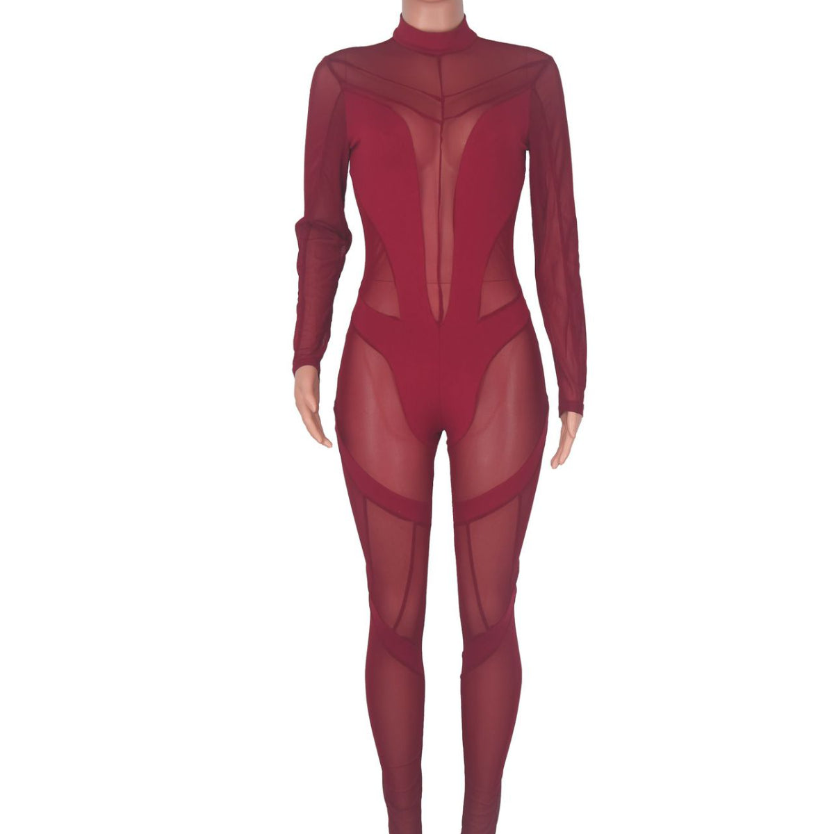 Mid Neck Perspective Mesh Stitched Jumpsuit