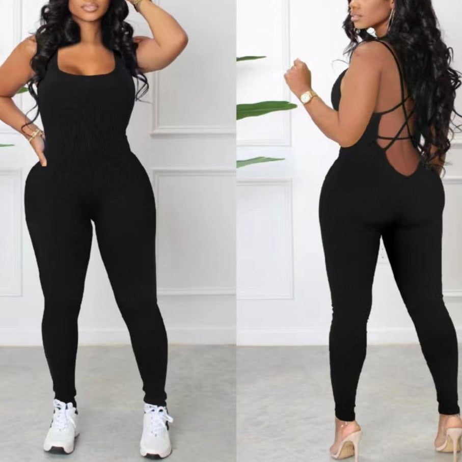 Sleeveless Backless Waist Trimming Yoga Jumpsuit