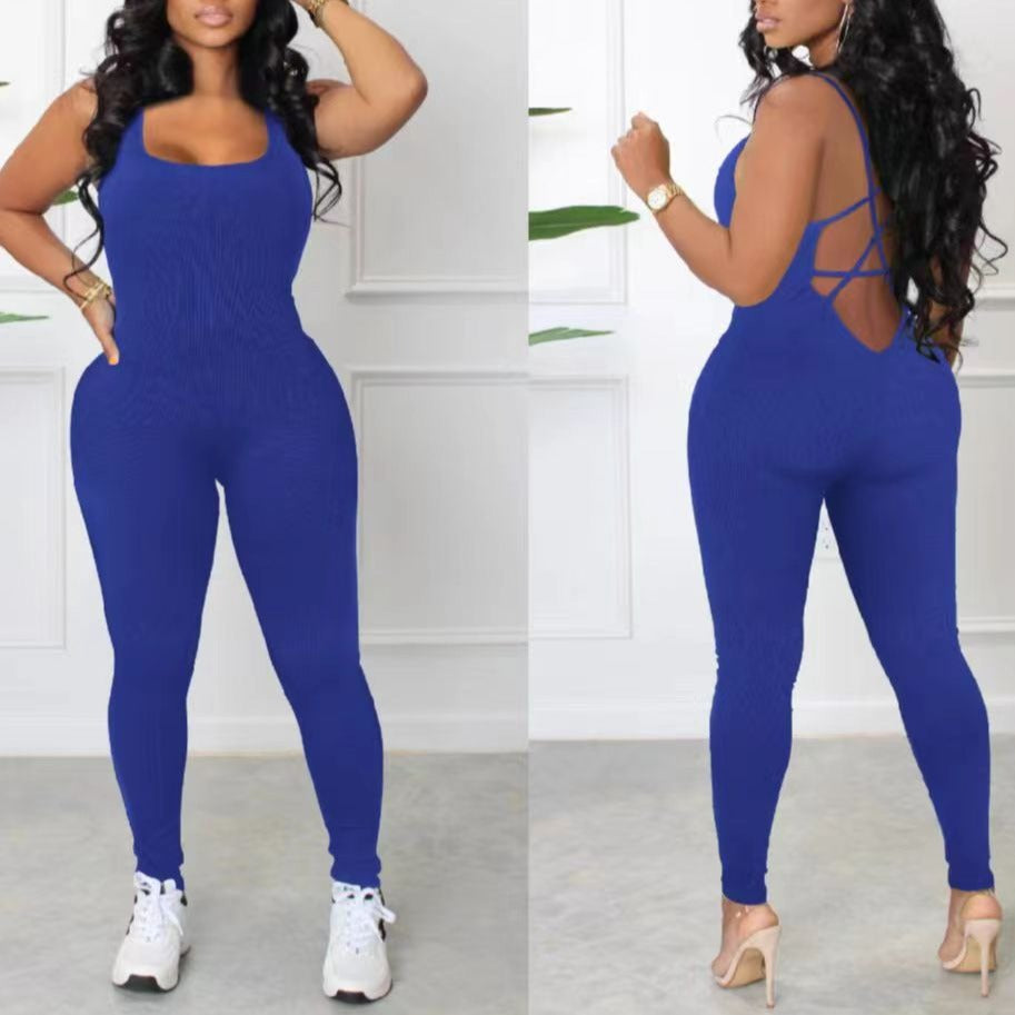 Sleeveless Backless Waist Trimming Yoga Jumpsuit