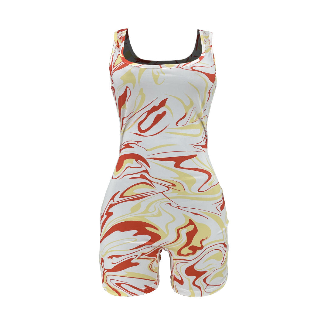 Sleeveless Vortex Print Slim-Fitting Biker Jumpsuit