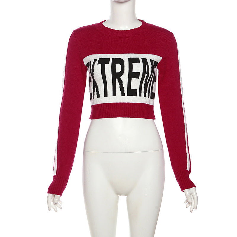 Knitted Lettering Long Sleeve Pullover Crop Top