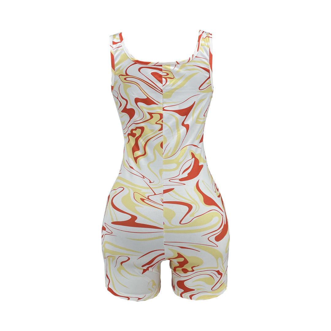 Sleeveless Vortex Print Slim-Fitting Biker Jumpsuit