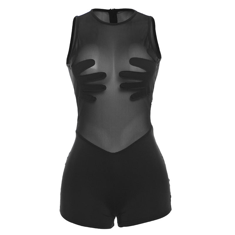 Sexy Mesh See-through Sleeveless Tight One-Piece Shorts