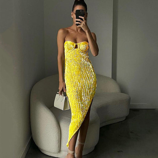 Sequined Tube Top Dress Backless Irregular Dress