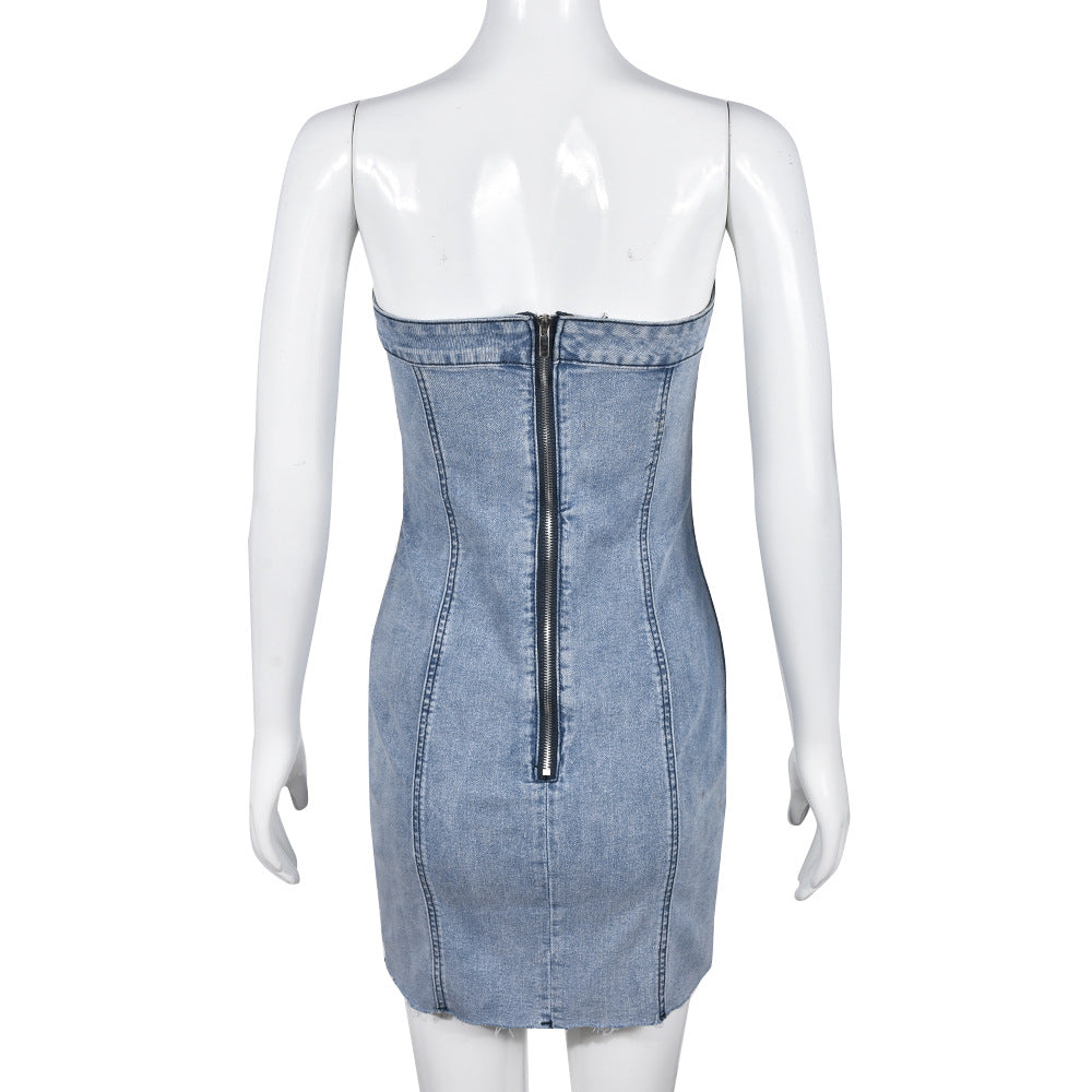 Denim Backless Washed Chest Wrap Dress