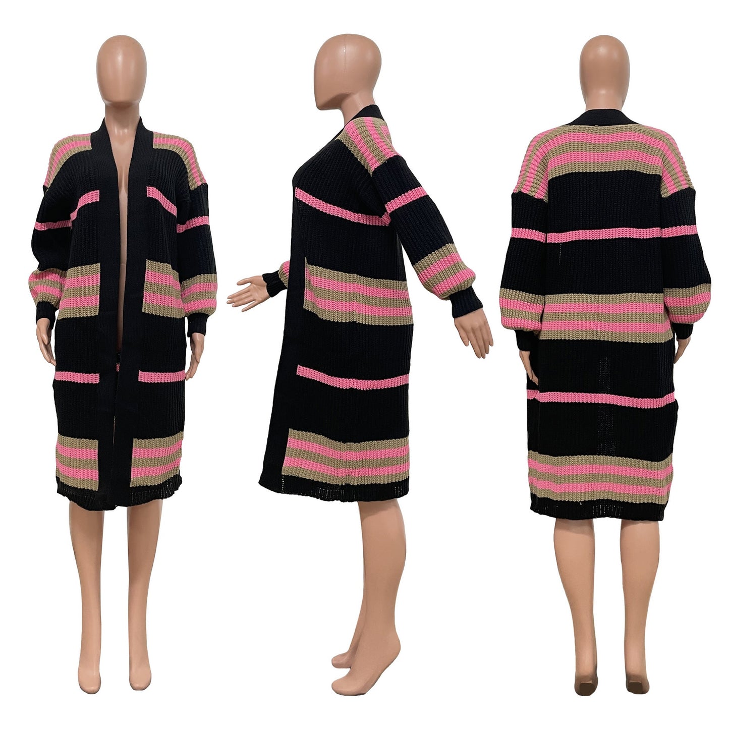 Long Handmade Knitted Striped Cardigan Jacket