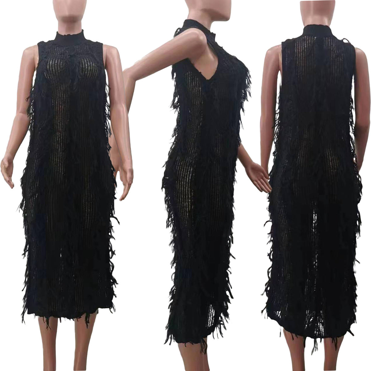 Knitted Fringe Perspective Sleeveless Dress