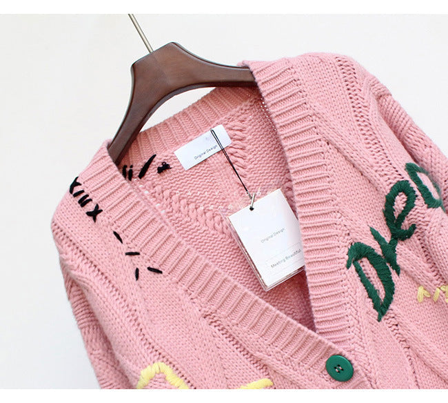 Embroidered Sweater Female Lettering Loose Knit Coat