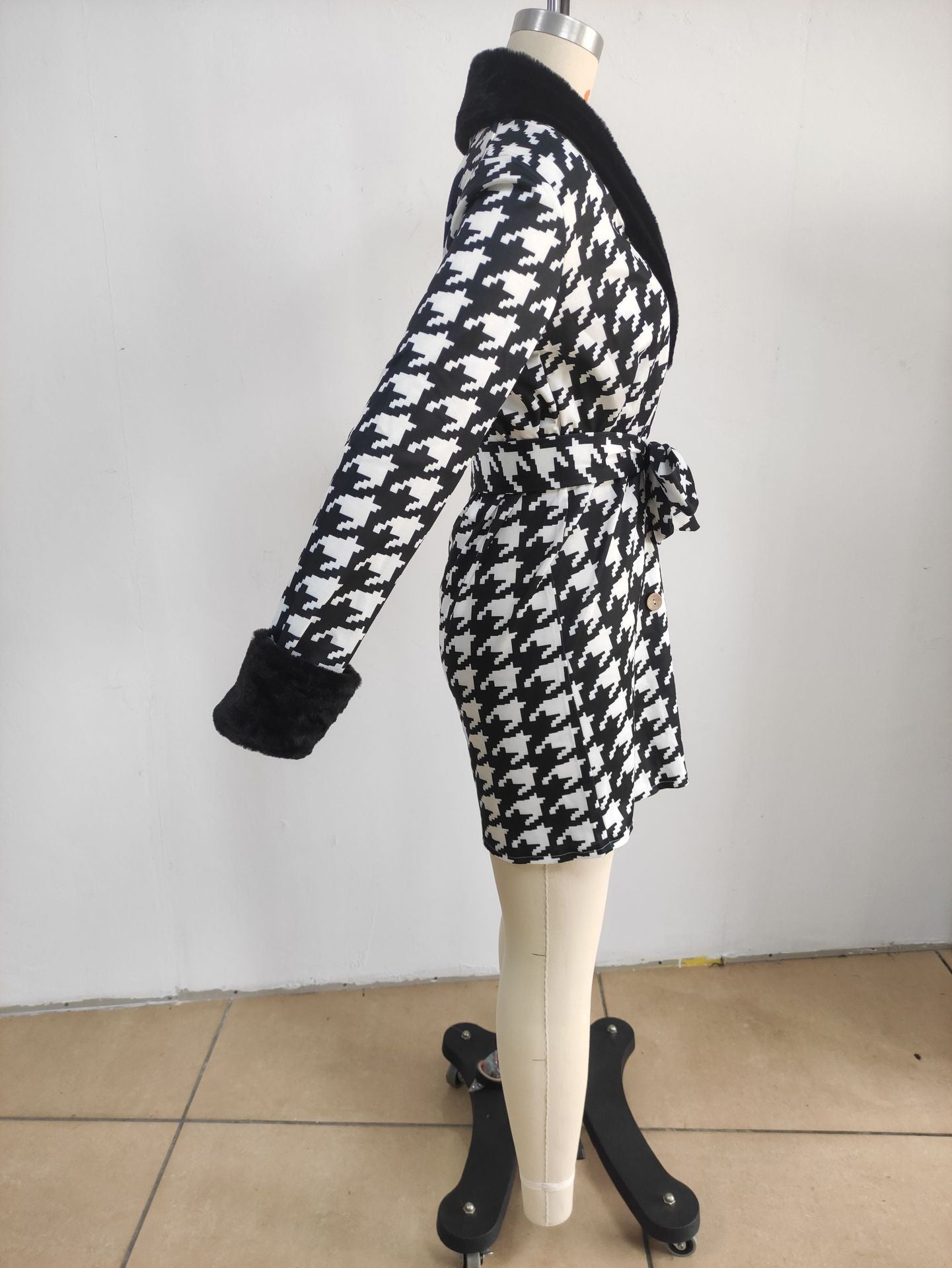 Fur Leader Circle Houndstooth Printed Dress