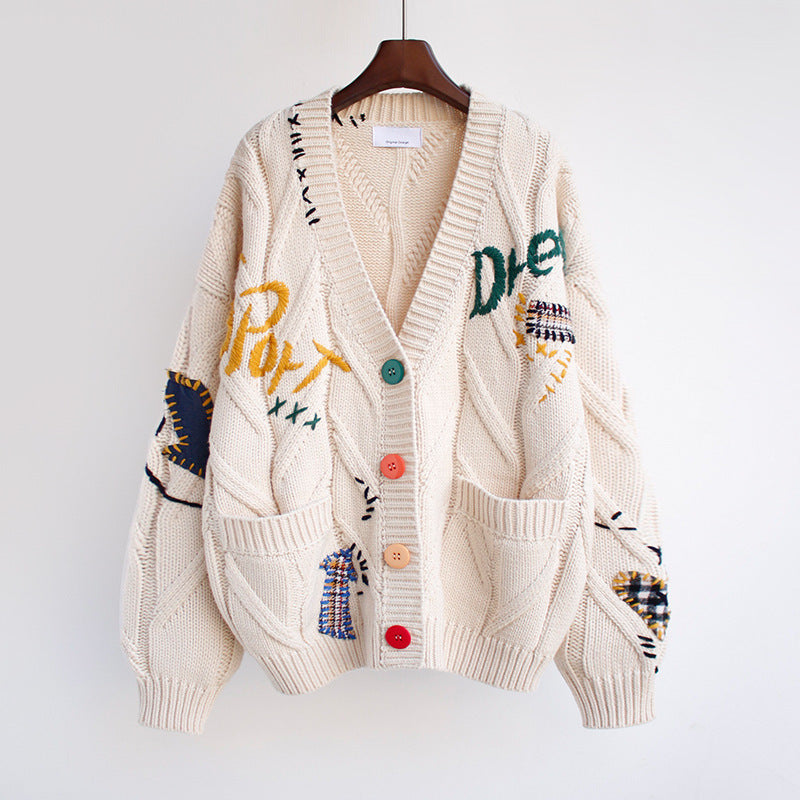 Embroidered Sweater Female Lettering Loose Knit Coat