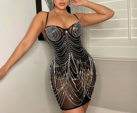 Backless Strap Rhinestone Dress