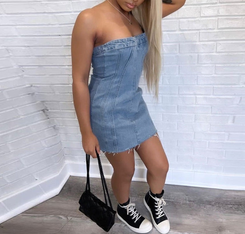 Denim Backless Washed Chest Wrap Dress