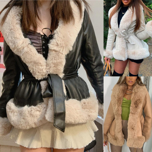 Leather Coat with Large Fur Collar and Waist