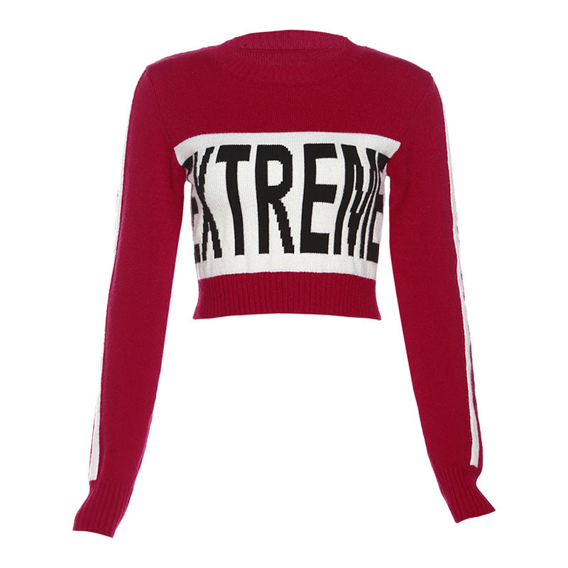 Knitted Lettering Long Sleeve Pullover Crop Top