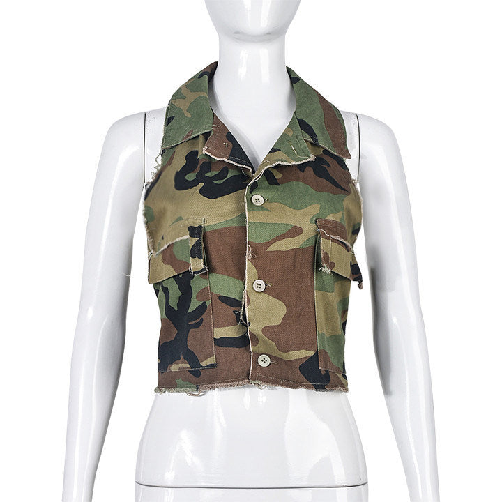 Camouflage Chest Wrap Neck Vest Top