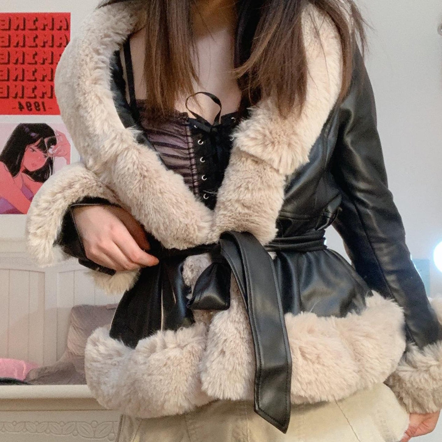 Leather Coat with Large Fur Collar and Waist