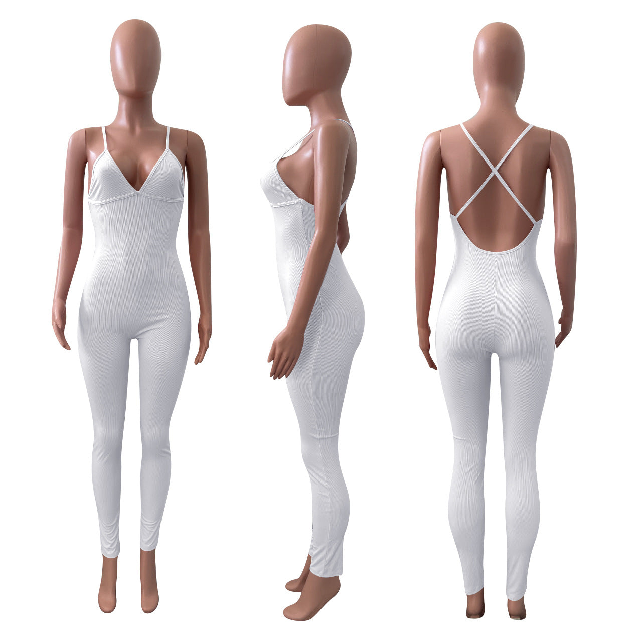 Ribbed Suspenders Backless Slim Fit Jumpsuit