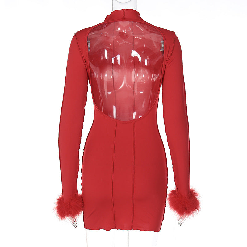 Fur Long Sleeve Dress with Hollow Collar and Backless