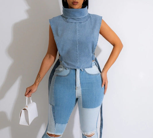 Lace-up Turtleneck Sleeveless Denim Short Vest