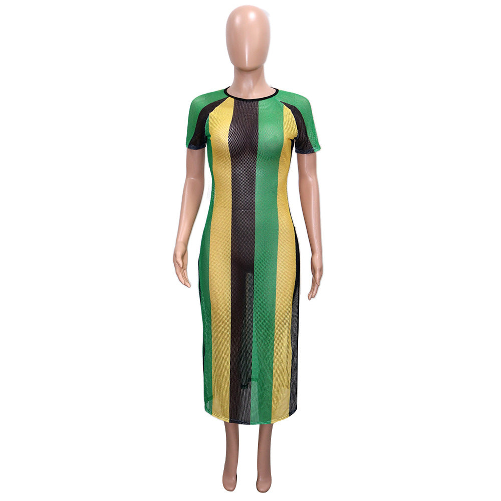 Short Sleeve Stripe Contrast Split Dress