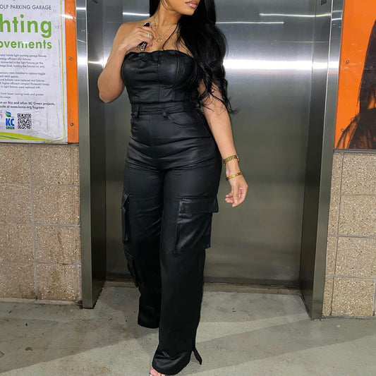 Off-the-shoulder Tube Top Tight Waist PU Jumpsuit