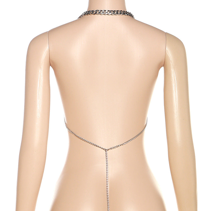 Metal Chain Halter Neck Open Back Sexy Cutout Top