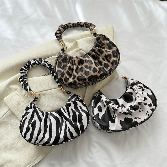 Pleated Leopard Print One-Shoulder Cow Underarm Bag