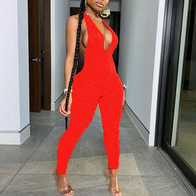 Tight-Fitting Sexy Halter Hanging Neck Sleeveless Deep V Hip-Lift One-Piece Jumpsuit