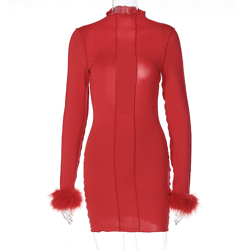 Fur Long Sleeve Dress with Hollow Collar and Backless