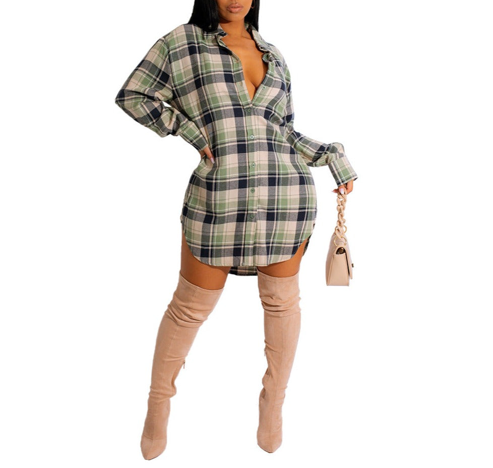 Comfortable Cotton Plaid Coat Shirt Dress