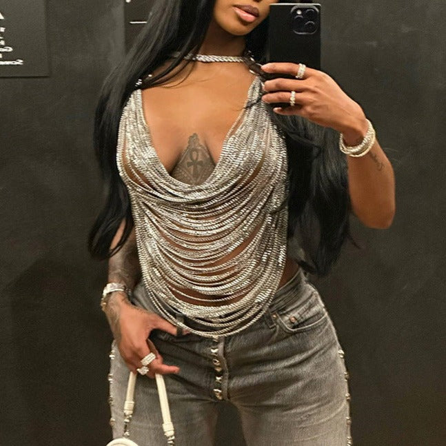 Metal Chain Halter Neck Open Back Sexy Cutout Top