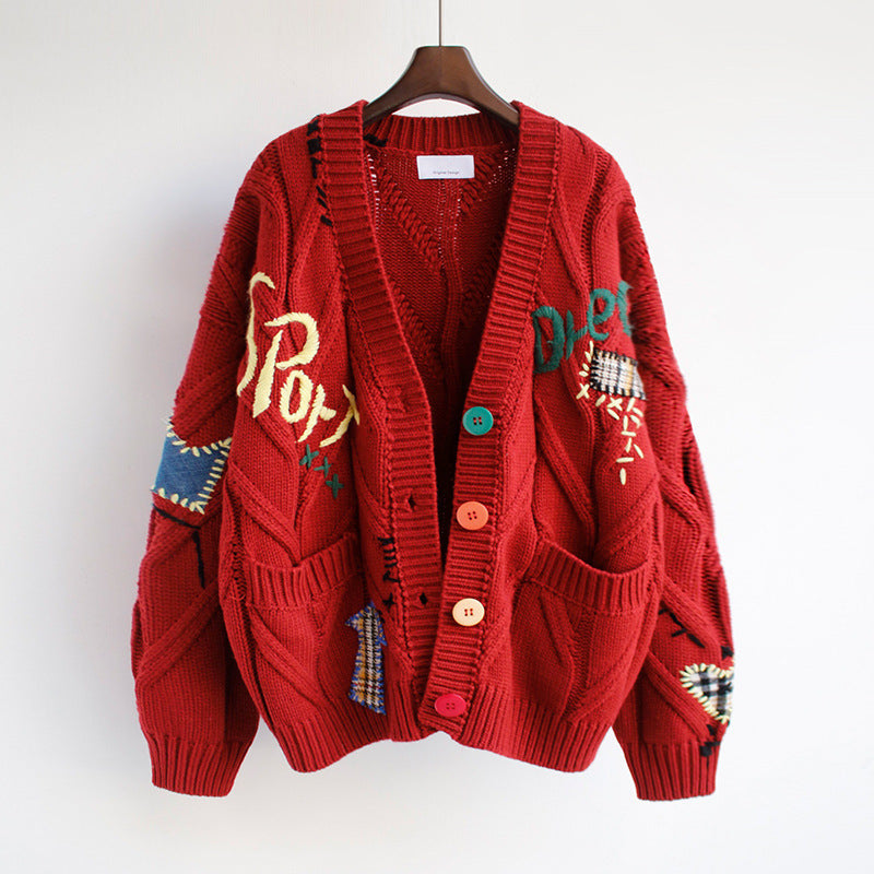 Embroidered Sweater Female Lettering Loose Knit Coat