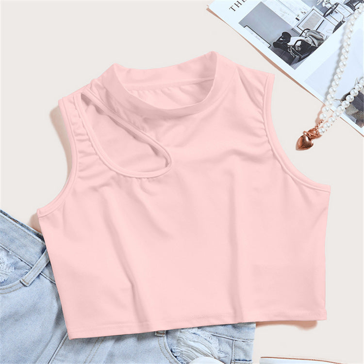 Off-the-Shoulder High Elastic Vest round-Neck Shirt Slim Top