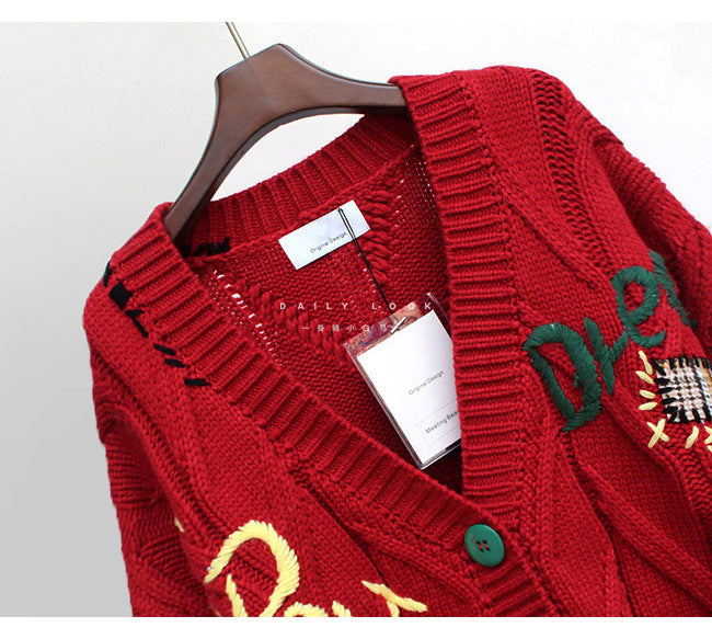 Embroidered Sweater Female Lettering Loose Knit Coat