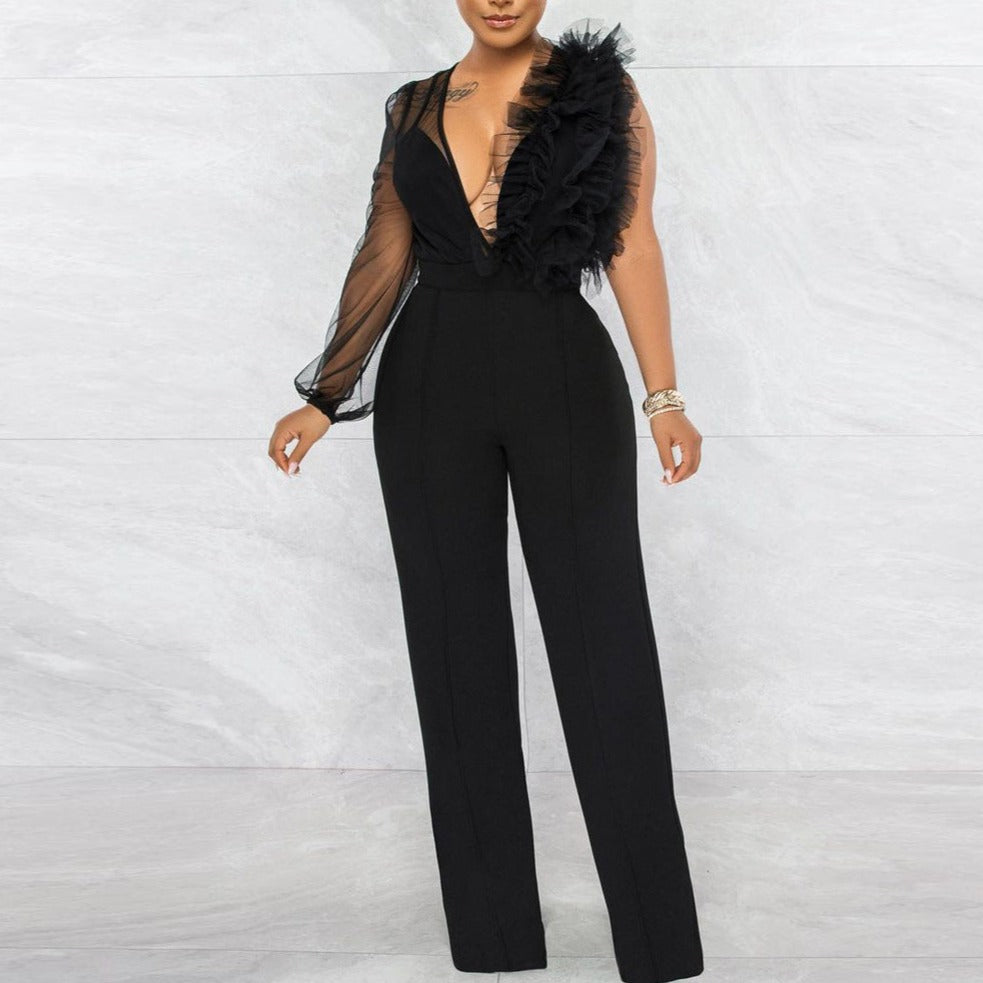 Mesh See-through Deep V Jumpsuit