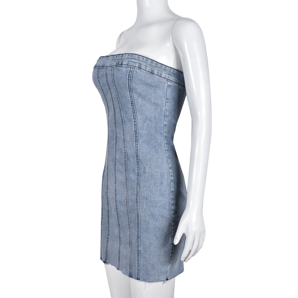 Denim Backless Washed Chest Wrap Dress