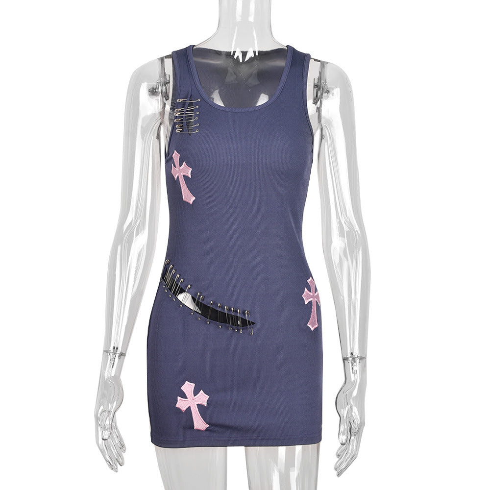 U-neck Sleeveless Head Cross Embroidered Dress