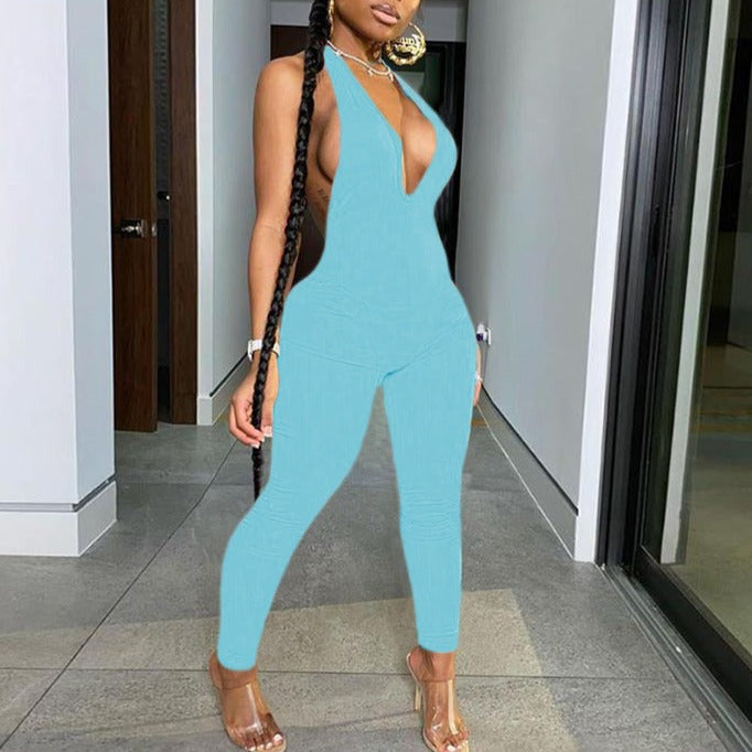 Tight-Fitting Sexy Halter Hanging Neck Sleeveless Deep V Hip-Lift One-Piece Jumpsuit