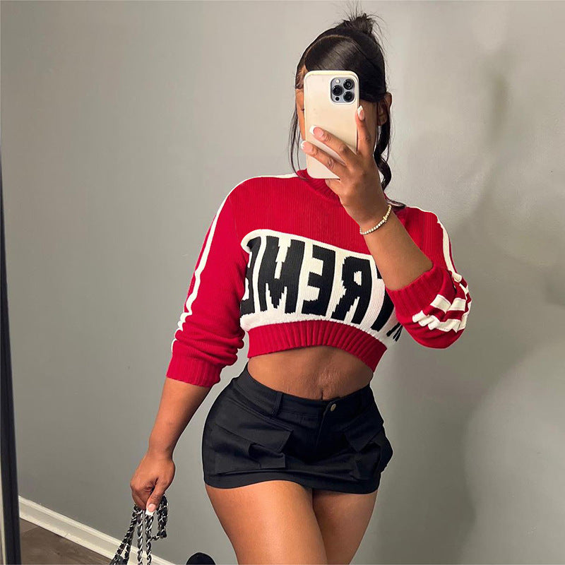 Knitted Lettering Long Sleeve Pullover Crop Top